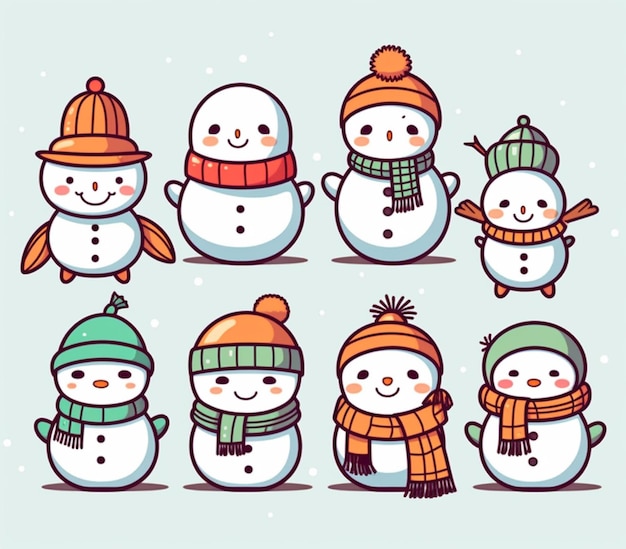 Um grupo de bonecos de neve usando chapéus e cachecóis e cachecóis generativos ai