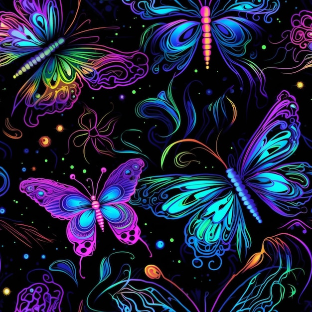 um grupo de borboletas coloridas com redemoinhos e redemoinhos em um fundo preto ai generativo