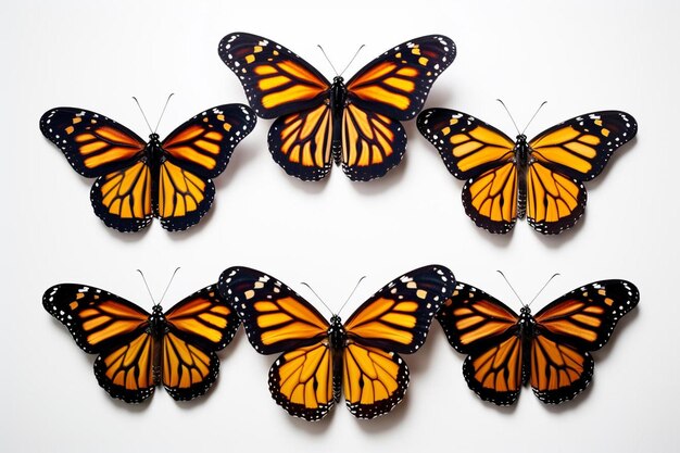 Foto um grupo de borboletas monarca com um fundo branco