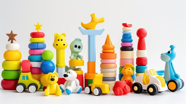Foto um grupo de brinquedos, incluindo um que tem um azul que diz brinquedo