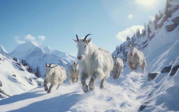 Foto um grupo de cabras correndo na neve
