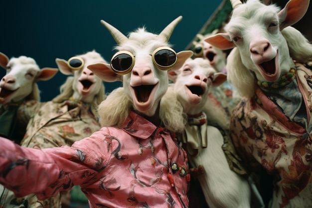 Foto um grupo de cabras envolvidas em uma gala de risadas fornecendo uma imagem animada e humorística para uma série de c