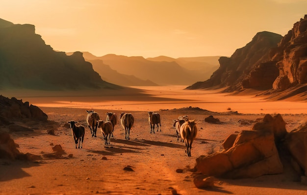 Um grupo de cabras se afastando das montanhas em um deserto isolado