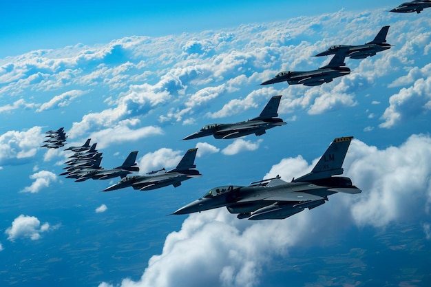 Foto um grupo de caças voando pelo céu