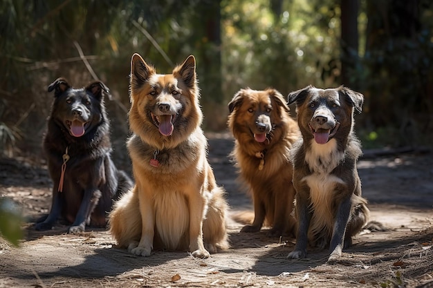 Um grupo de cachorros brincalhões relaxa na sombra com a língua para fora