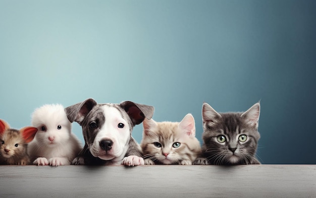 um grupo de cachorros e um gato em uma mesa