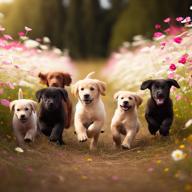 Um grupo de cachorros em um campo de flores cachorros bonitos imagens de fundo cachorros papéis de parede
