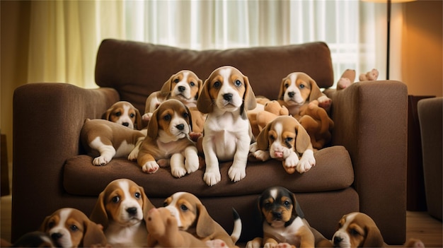 Um grupo de cachorros em um sofá com um que diz cachorros