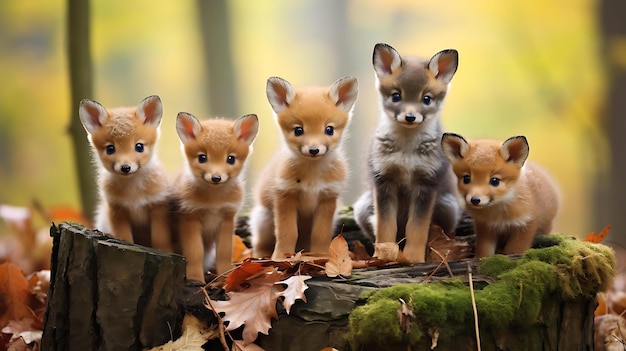 Foto um grupo de cachorros em um tronco com folhas de outono