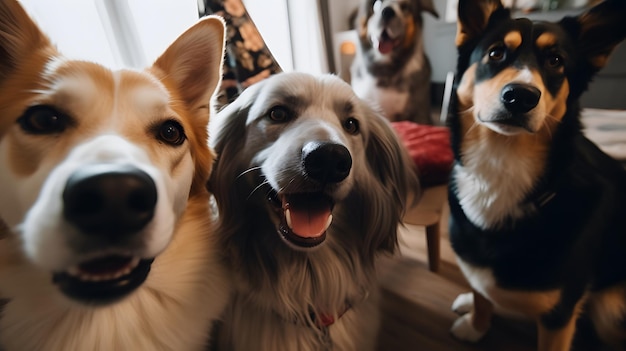 Um grupo de cachorros em uma sala com uma janela atrás deles