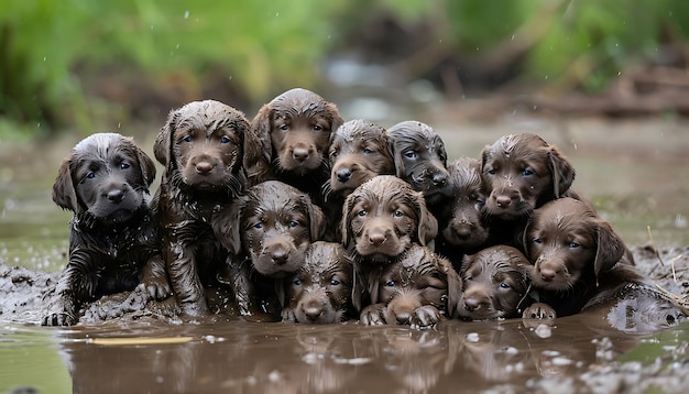 Foto um grupo de cachorros está na lama.