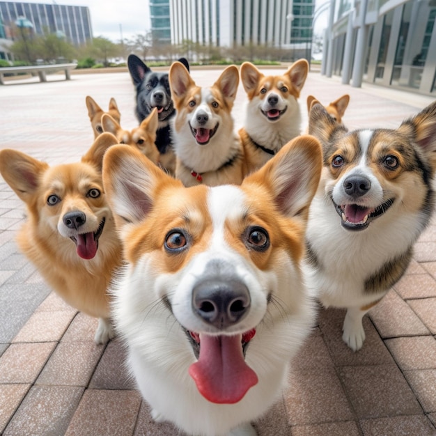 Um grupo de cachorros está parado na calçada olhando para a câmera.