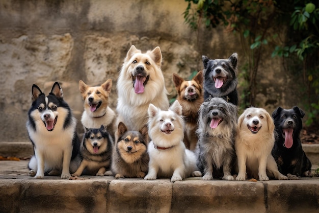 Um grupo de cachorros está sentado em frente a um muro de pedra.