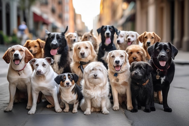 Um grupo de cachorros está sentado em uma rua.