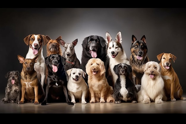 Um grupo de cachorros está sentado junto e um deles é preto e branco.