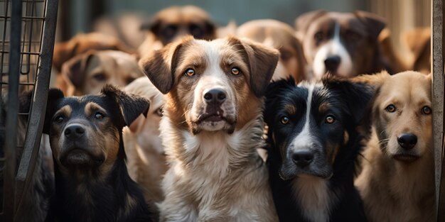 Um grupo de cães com um rosto preto e branco e olhos castanhos