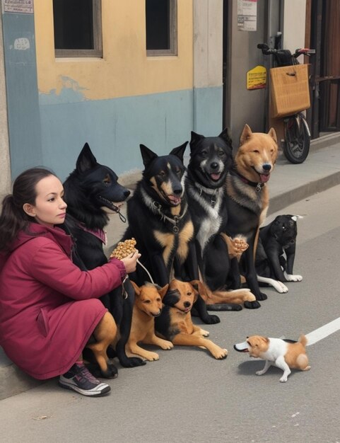 Um grupo de cães de rua está comendo comida para cães.