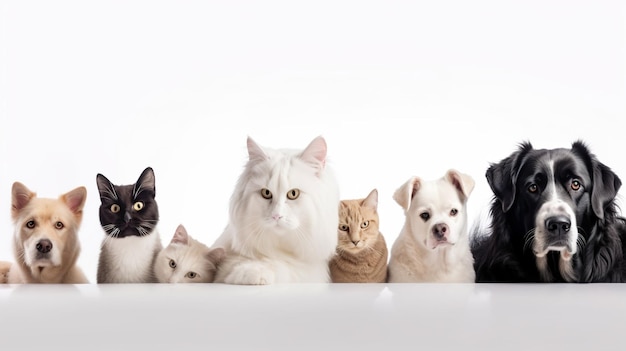 Um grupo de cães e gatos senta-se em fila.