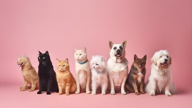 Um grupo de cães e gatos sentados juntos em um fundo rosa.