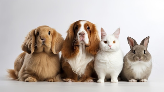 Um grupo de cães e um gato