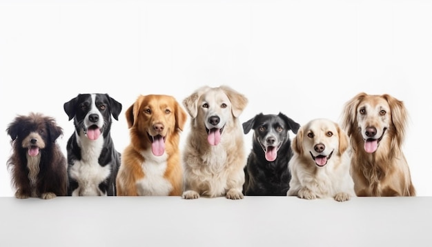 Um grupo de cães está alinhado em frente a um fundo branco.