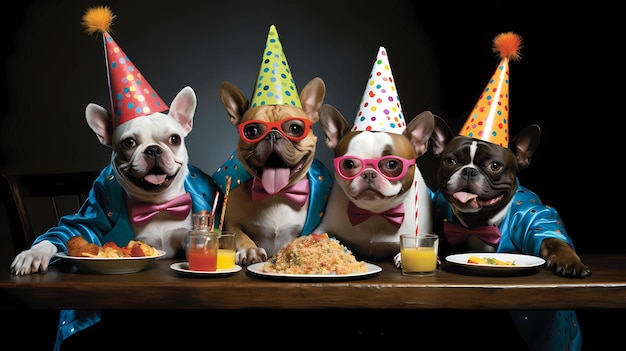 Foto um grupo de cães está fazendo uma festa.