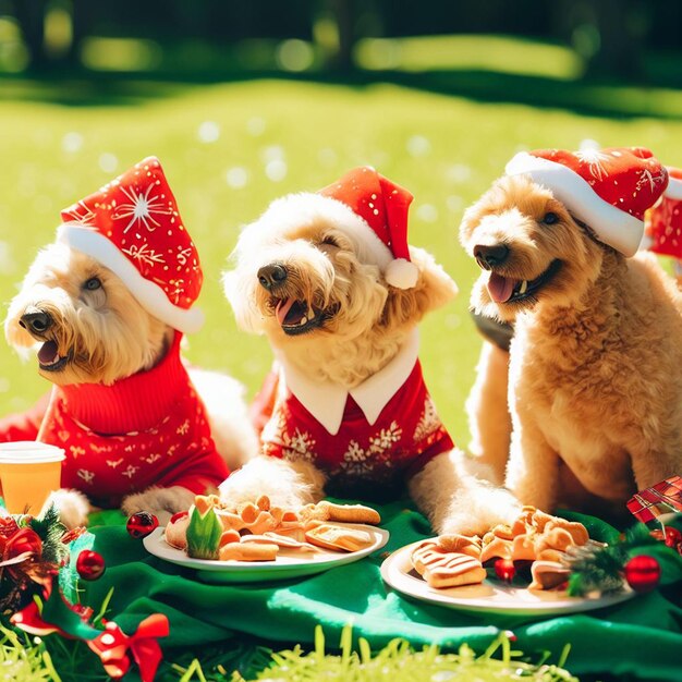 Um grupo de cães fantasiados de Natal sentados em uma mesa gerado por IA