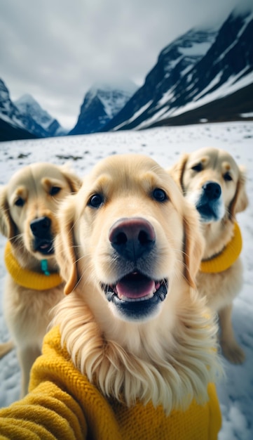 Um grupo de cães golden retriever usando suéter generative AI