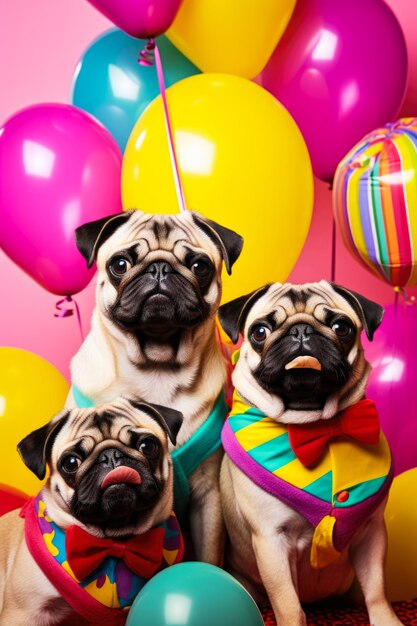 Foto um grupo de cães pug sentados um ao lado do outro perfeito para projetos relacionados e amantes de cães