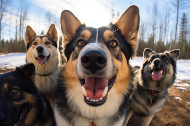 Um grupo de cães tirando uma selfie em um fundo desfocado AI generativa