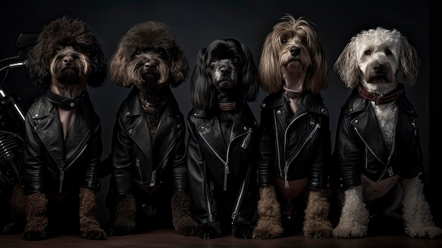 Um grupo de cães vestindo jaquetas de couro