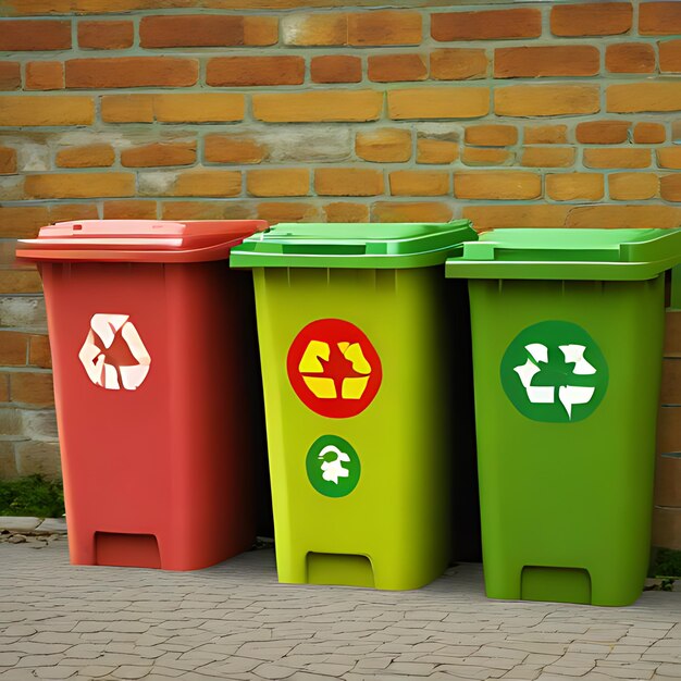 um grupo de caixas de reciclagem que estão alinhadas com uma que diz reciclável