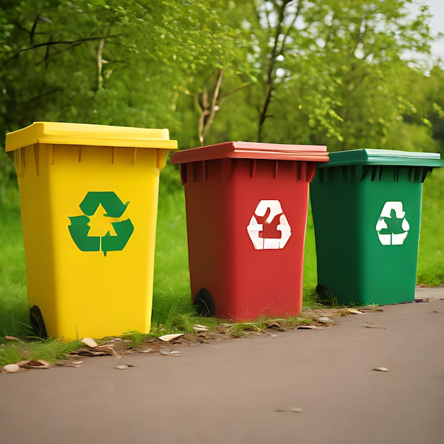 um grupo de caixas de reciclagem que estão ao lado de uma estrada