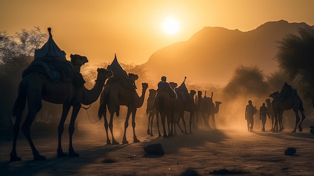 Um grupo de camelos são mostrados em silhueta contra um pôr do sol skygenerative ai