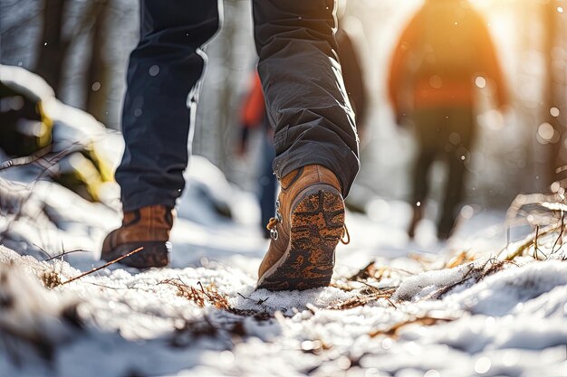 Um grupo de caminhantes caminha por um caminho florestal de inverno Viajando em um pequeno grupo