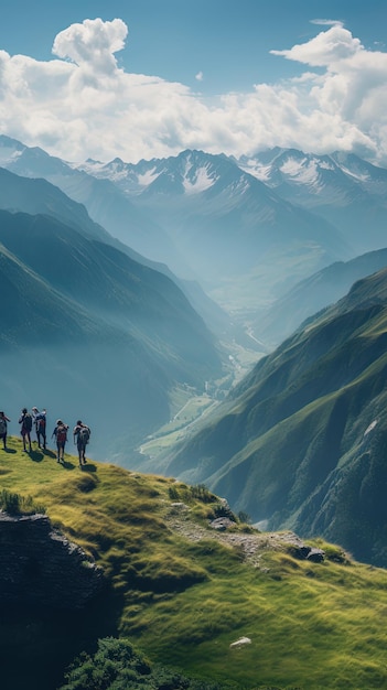 Foto um grupo de caminhantes em pé em uma cordilheira de montanha com vista para um vale