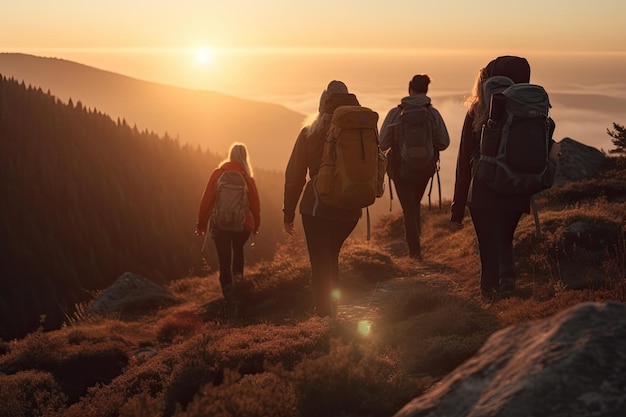 Um grupo de caminhantes esportivos é capturado caminhando por uma paisagem montanhosa ao pôr do sol com suas mochilas generative ai