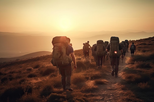 Um grupo de caminhantes esportivos é capturado caminhando por uma paisagem montanhosa ao pôr do sol com suas mochilas generative ai