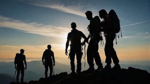 Um grupo de caminhantes está celebrando no topo de uma montanha