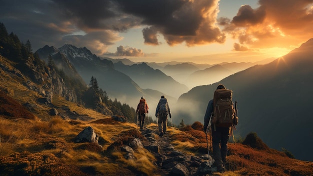 Foto um grupo de caminhantes no topo de uma montanha ao pôr do sol