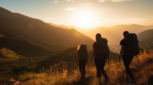 um grupo de caminhantes subindo uma montanha com o sol a pôr-se atrás deles