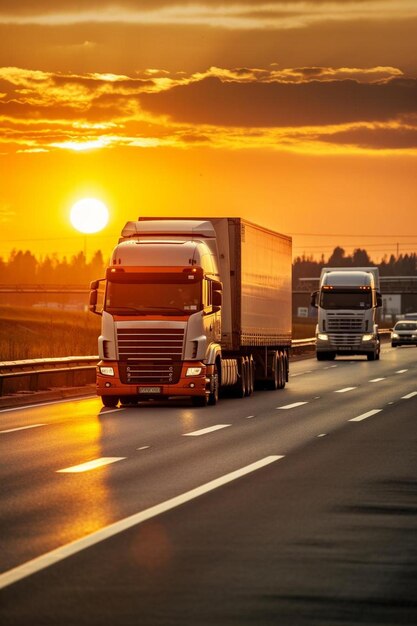 um grupo de caminhões dirigindo por uma rodovia ao pôr do sol