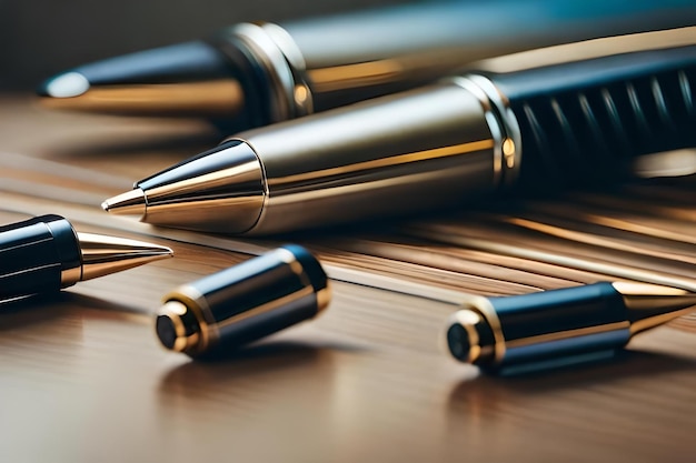 Um grupo de canetas em cima de uma mesa.