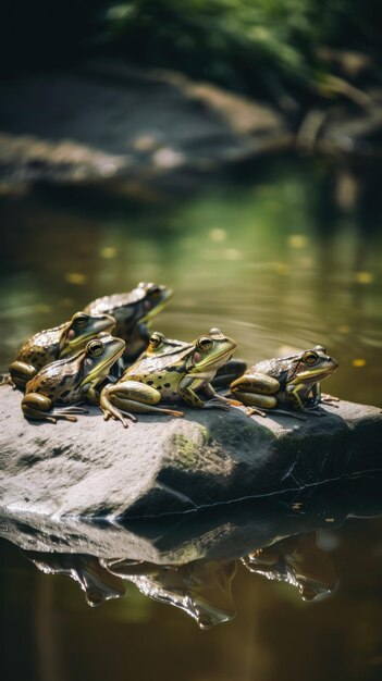 Um grupo de caranguejos sentados em uma pedra na água Imagem generativa de IA