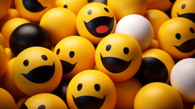 um grupo de carinhas sorridentes amarelas com rostos em preto e branco