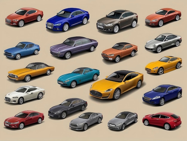 Foto um grupo de carros que são todas cores diferentes da mesma cor