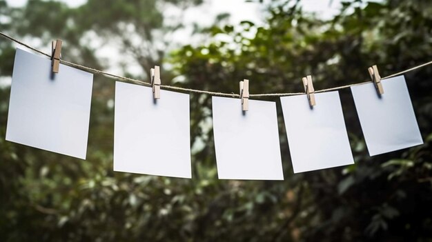 Um grupo de cartões brancos em branco pendurados em uma roupa