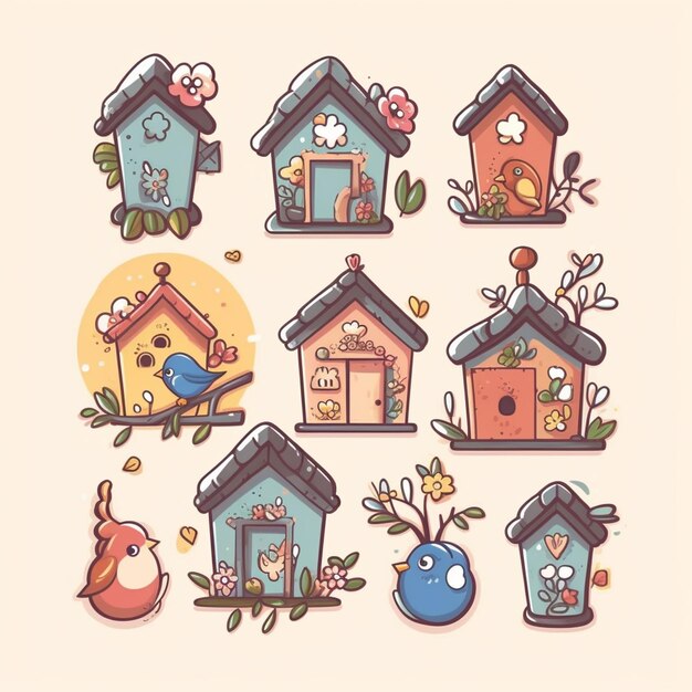 Um grupo de casas de pássaros com diferentes desenhos e cores