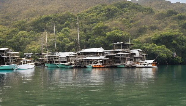 um grupo de casas sentadas na água com um barco ao fundo