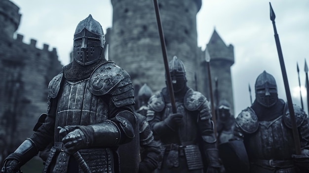 Um grupo de cavaleiros blindados medievais armados com lanças ficava em frente ao castelo. Os guerreiros voltavam para casa da guerra.